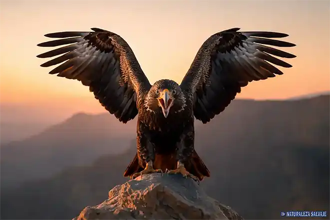Águila imperial ibérica de frente, alas extendidas y pico abierto, posada sobre roca al atardecer